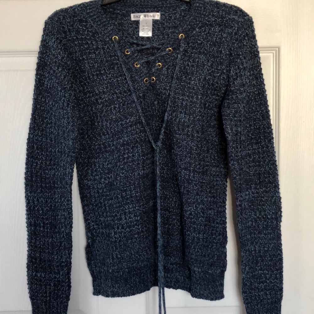 Blue lace up sweater, never worn.